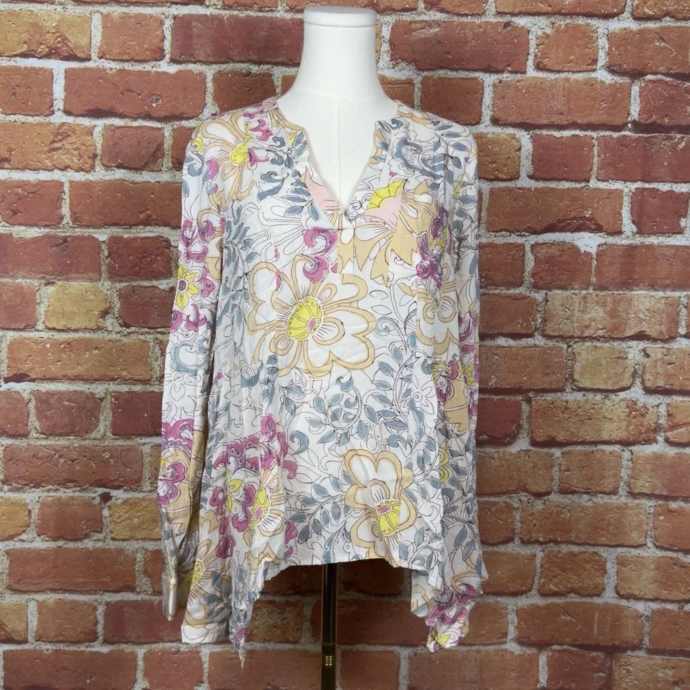 Maeve By Anthropologie Long Sleeve Blouse Women Size 6 V Neck Ivory Floral Boho
